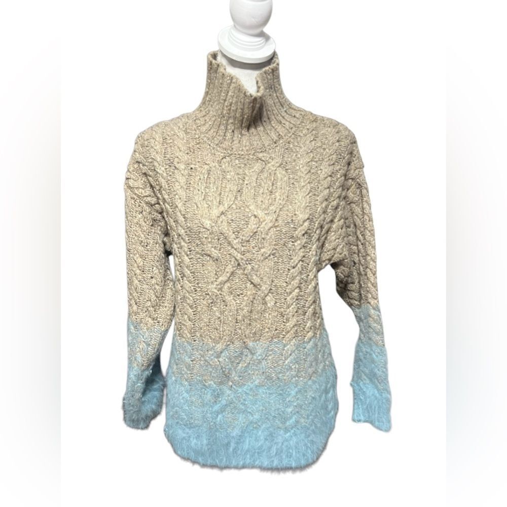 Tela Womens High Neck Cable Knit Ombré Sweater Beige Blue Size XS